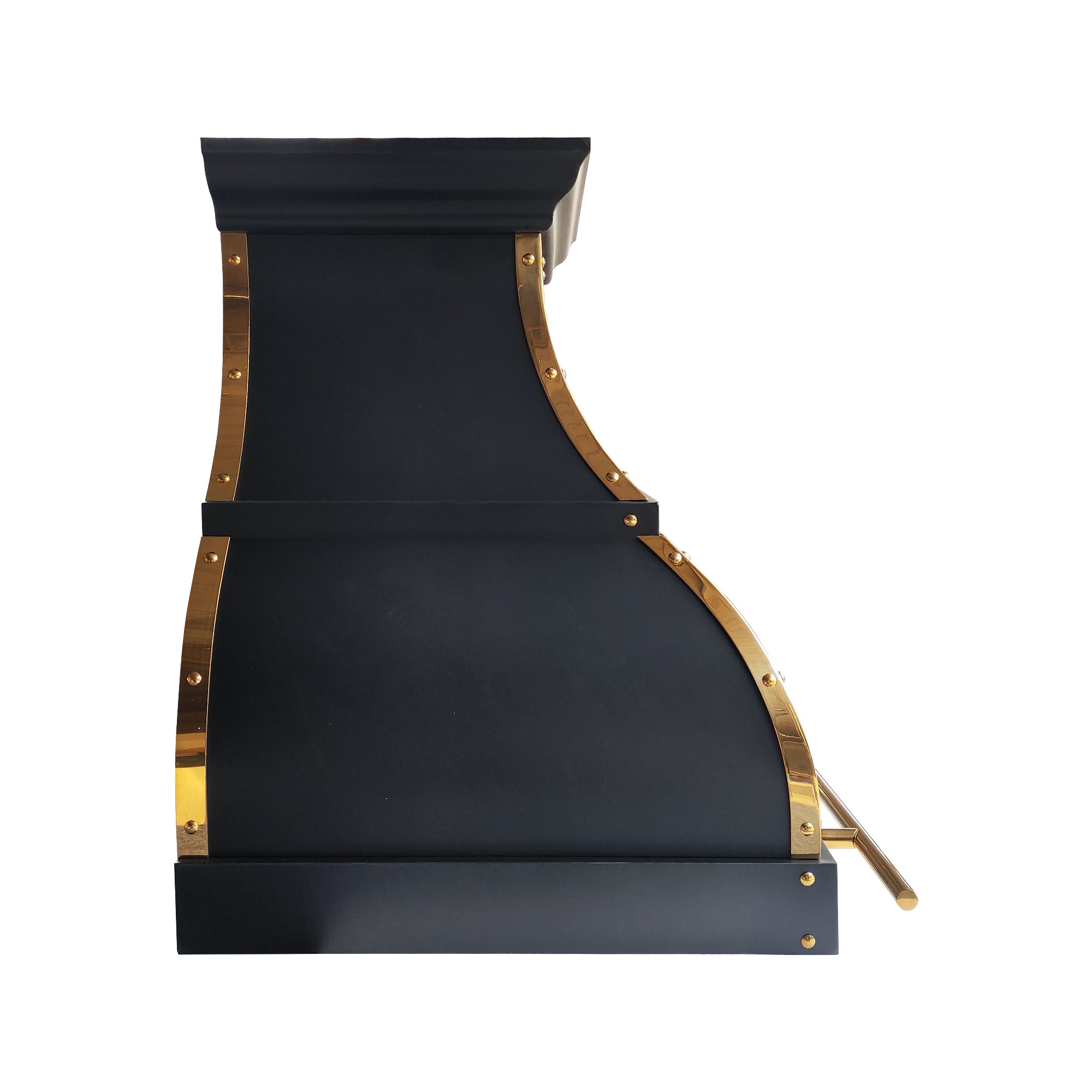 luxury modern kitchen vent hood with polished brass frame arched silhouette statement appliance side view