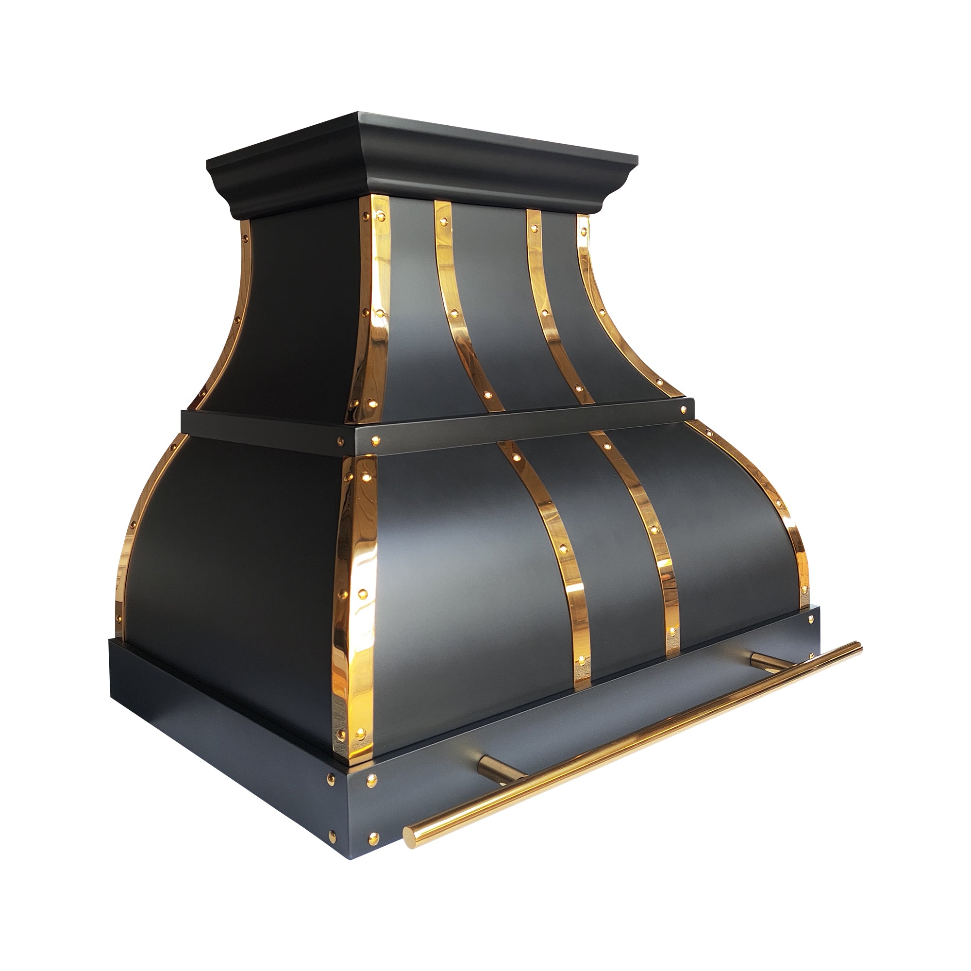 luxury modern kitchen vent hood with polished brass frame arched silhouette statement appliance