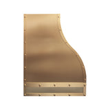 custom riveted brushed brass range hood with curved design and mesh vent grille side view
