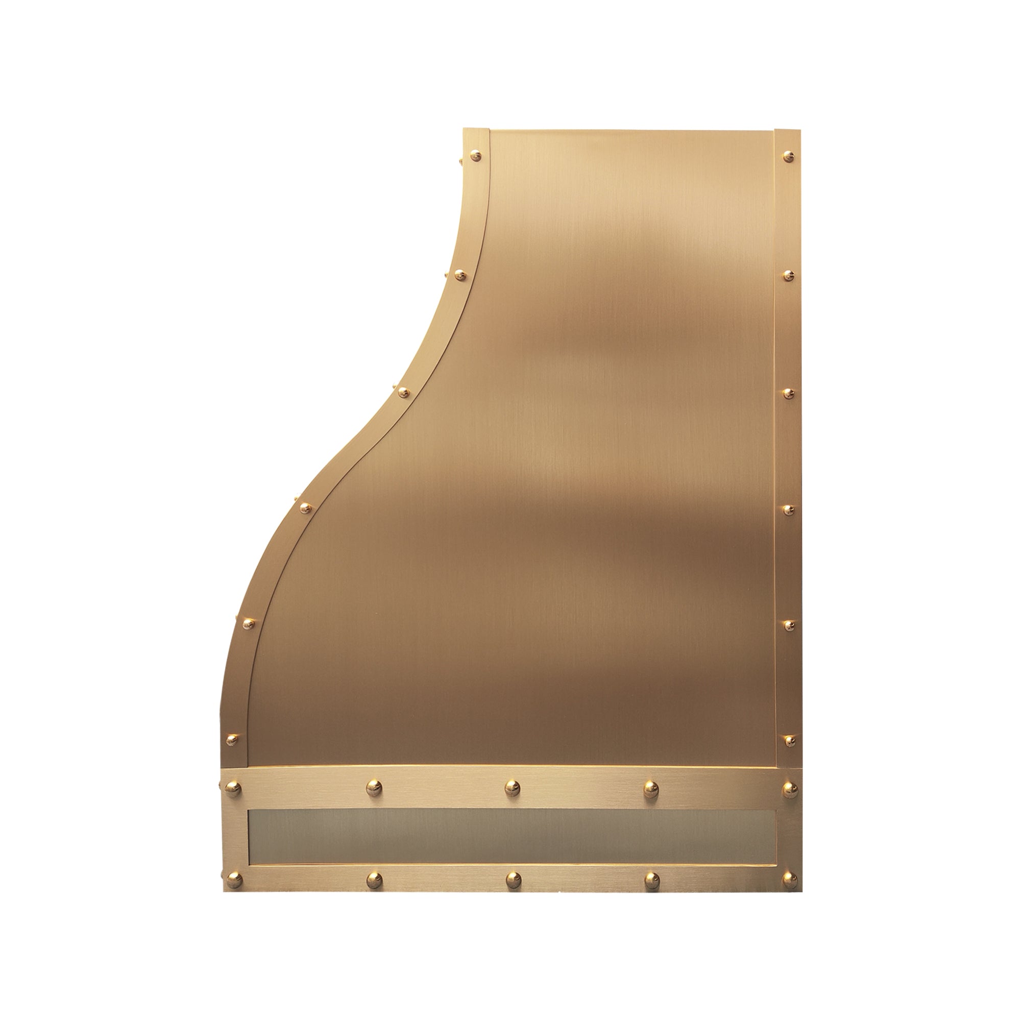 custom riveted brushed brass range hood with curved design and mesh vent grille side view