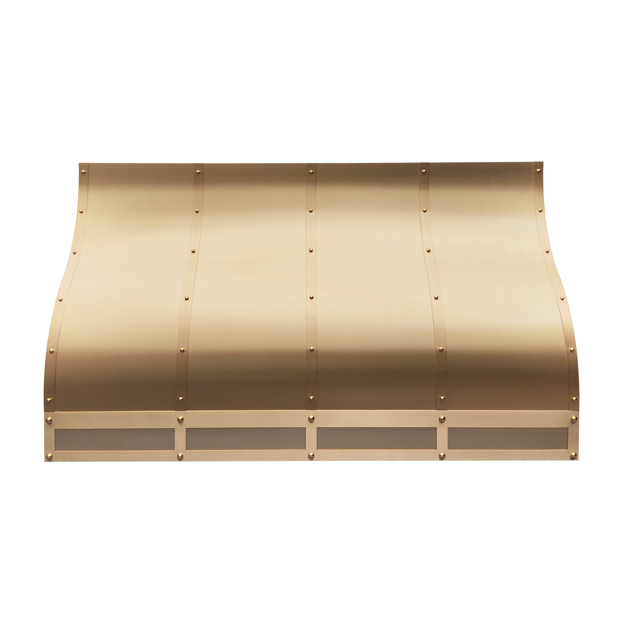 elegant curved silhouette brushed brass custom range hood with vertical rivet straps and bottom framed mesh grille for farmhouse luxury kitchen front view