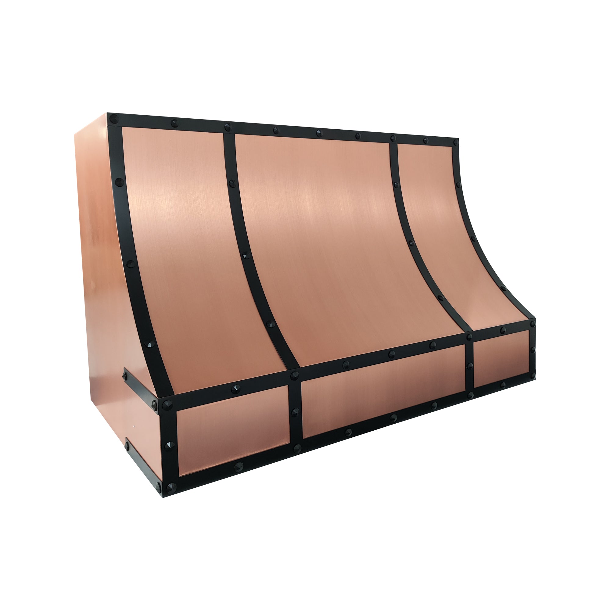 geometric symmetric brushed copper custom vent hood with matte black frame and evenly spaced rivets for industrial modern farmhouse kitchen side view