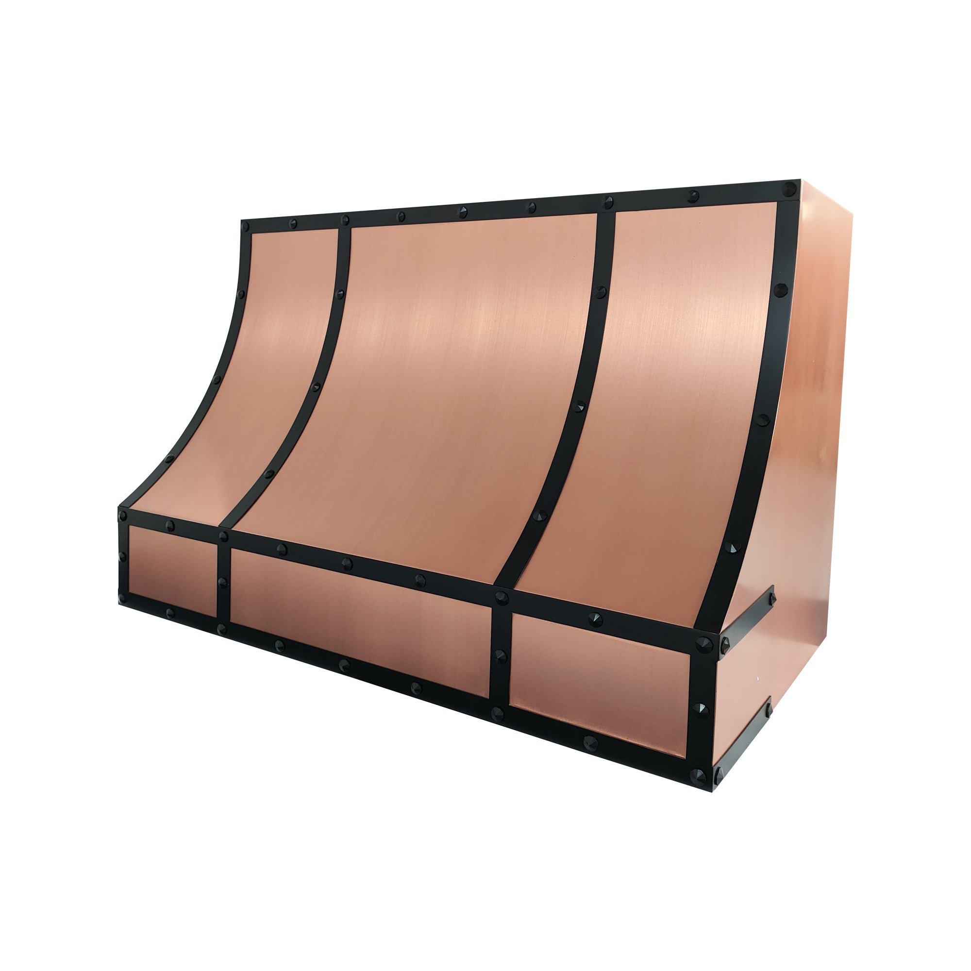 geometric symmetric brushed copper custom kitchen hood with matte black frame and evenly spaced rivets for industrial modern farmhouse kitchen side view