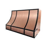 geometric symmetric brushed copper custom kitchen hood with matte black frame and evenly spaced rivets for industrial modern farmhouse kitchen side view