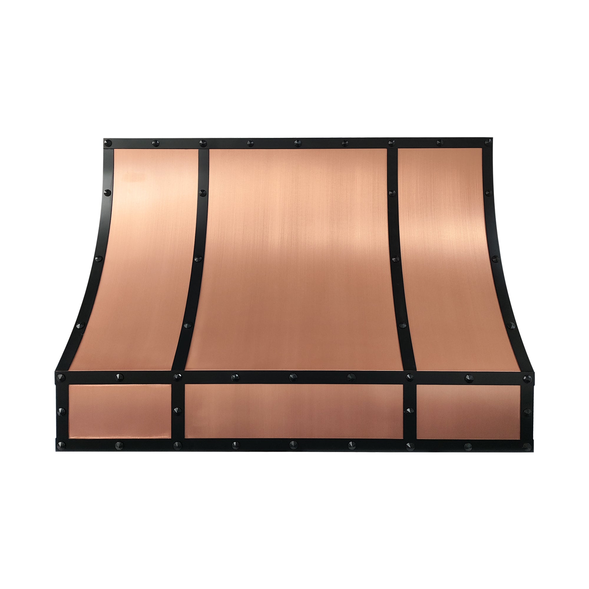 geometric symmetric brushed copper custom range hood with matte black frame and evenly spaced rivets for industrial modern farmhouse kitchen front view