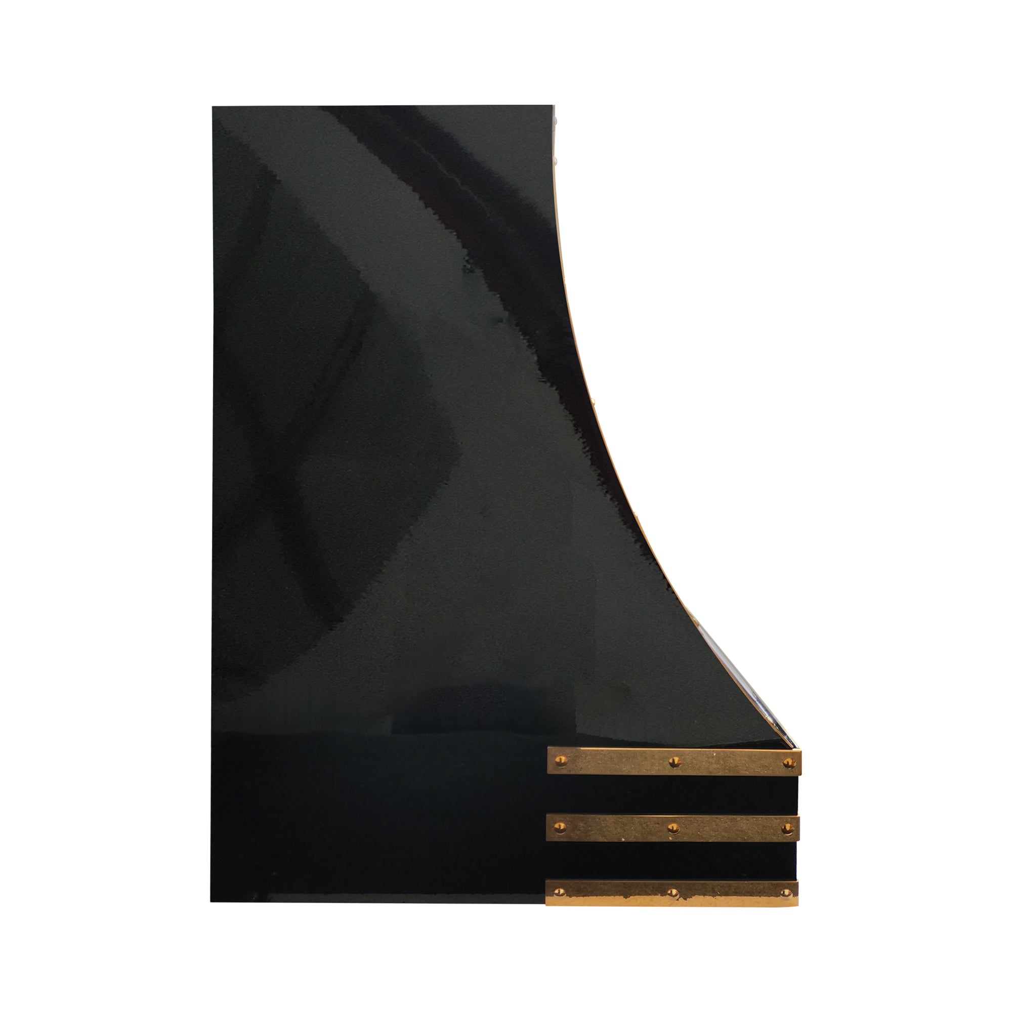 black stainless kitchen hood with brass straps side view