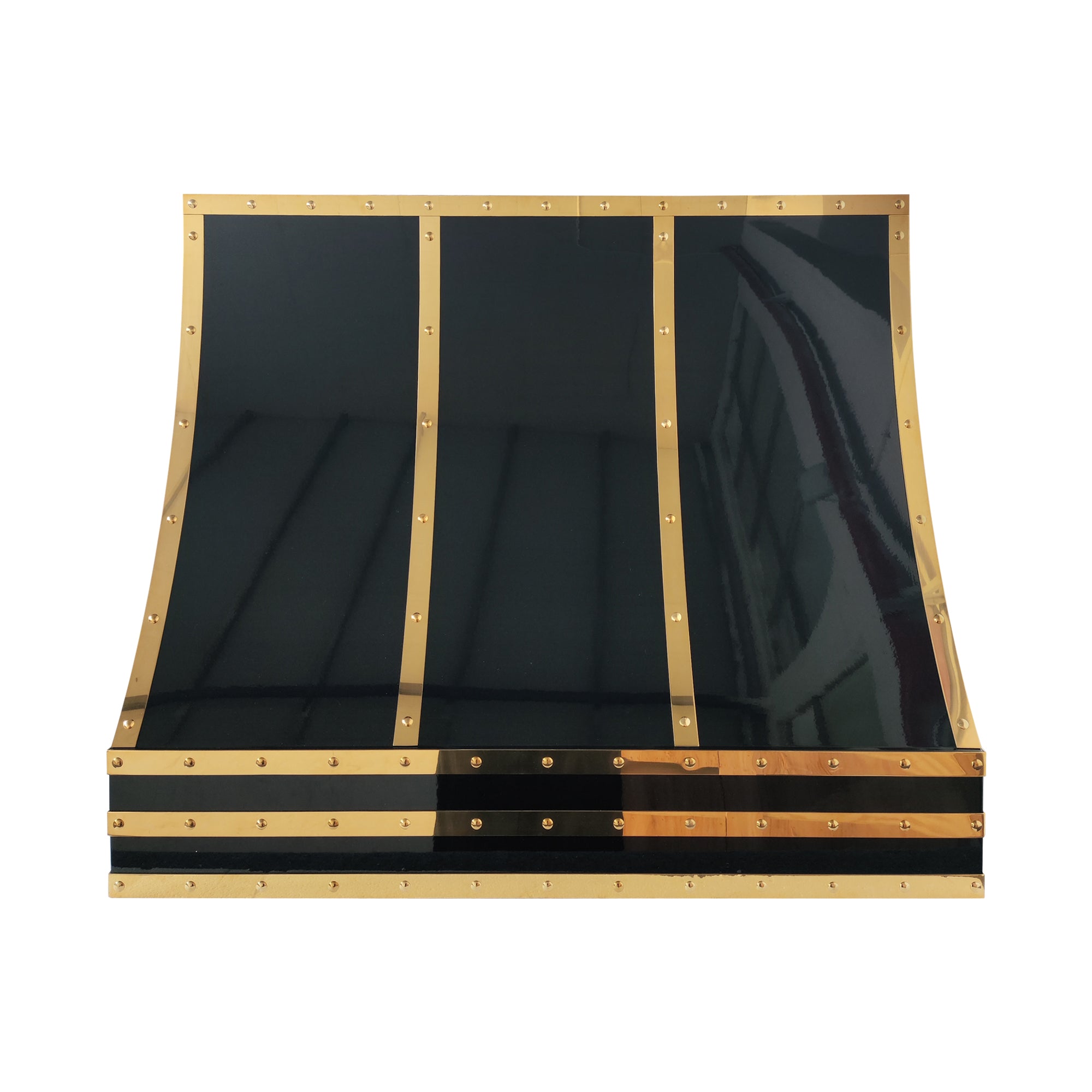 black stainless kitchen hood with brass straps
