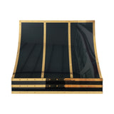 black stainless kitchen hood with brass straps