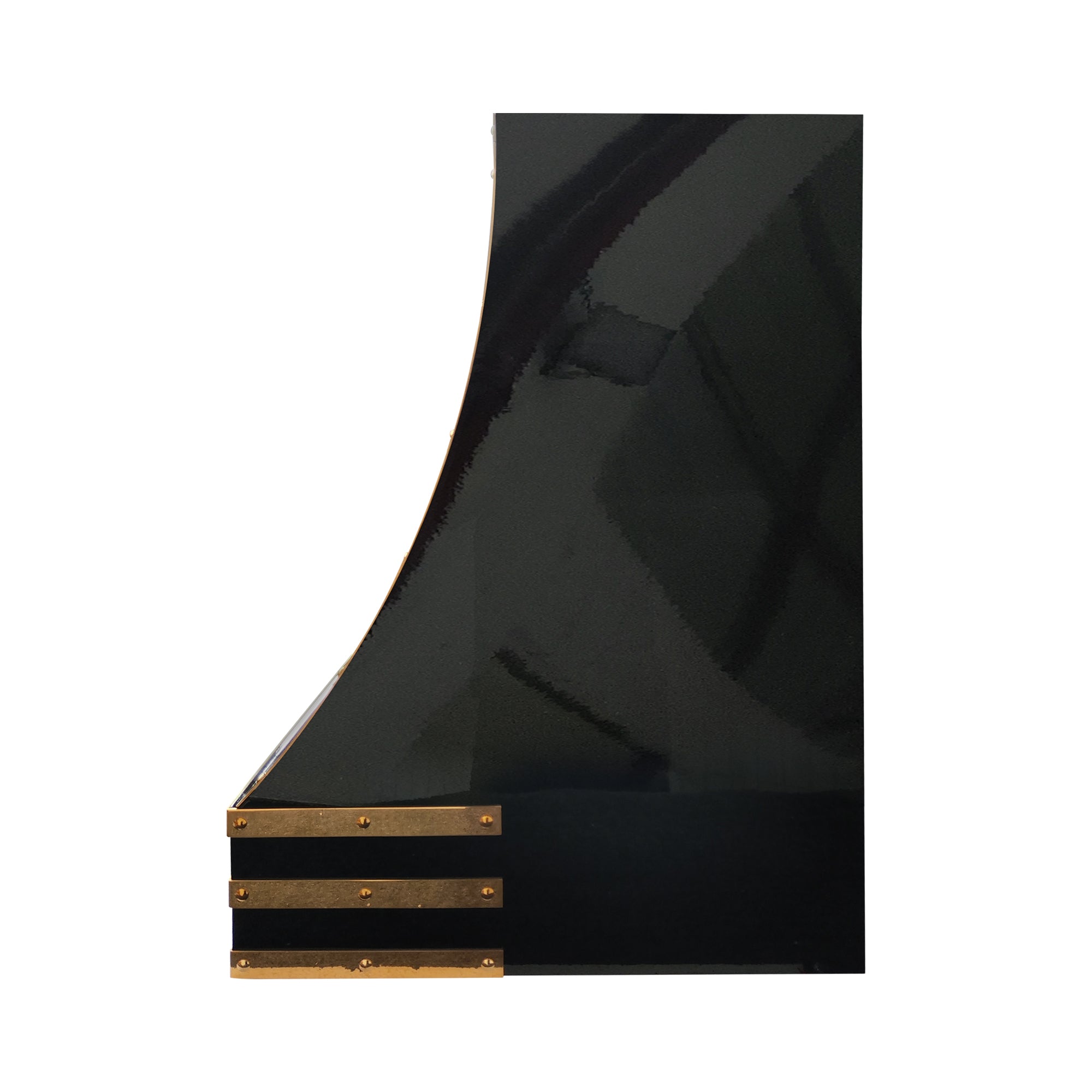 black stainless kitchen hood with brass straps side view