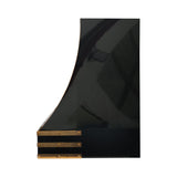 black stainless kitchen hood with brass straps side view