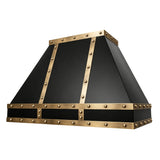 matte black stainless steel range hood with brass accents designed with geometric angle slope view