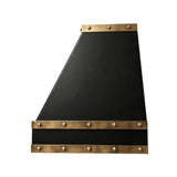 matte black stainless steel range hood with brass accents designed with geometric angle side view