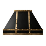 matte black stainless steel range hood with brass accents designed with geometric angle front view