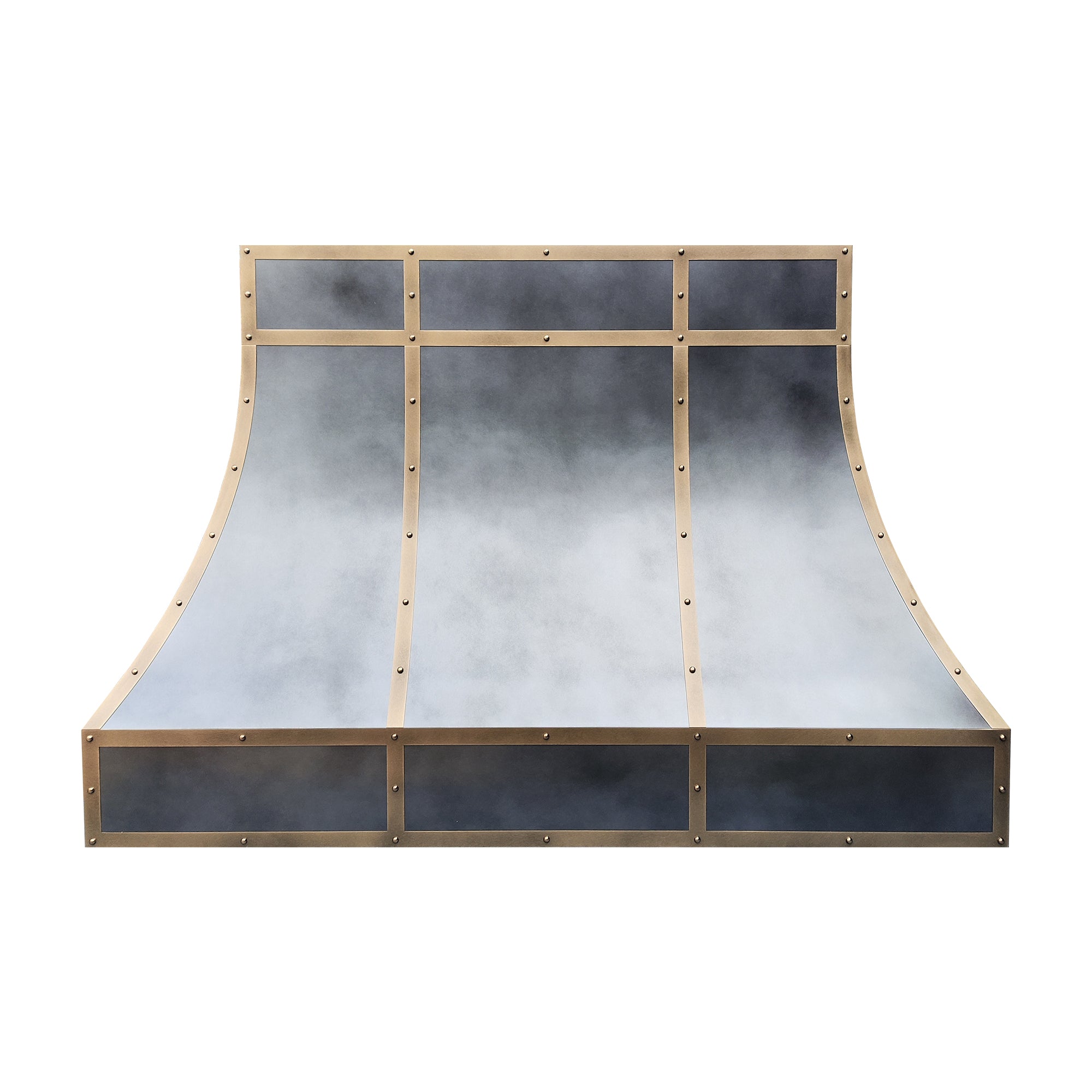 curved antique zinc custom range hood with antique brass grid trim and decorative rivets front view