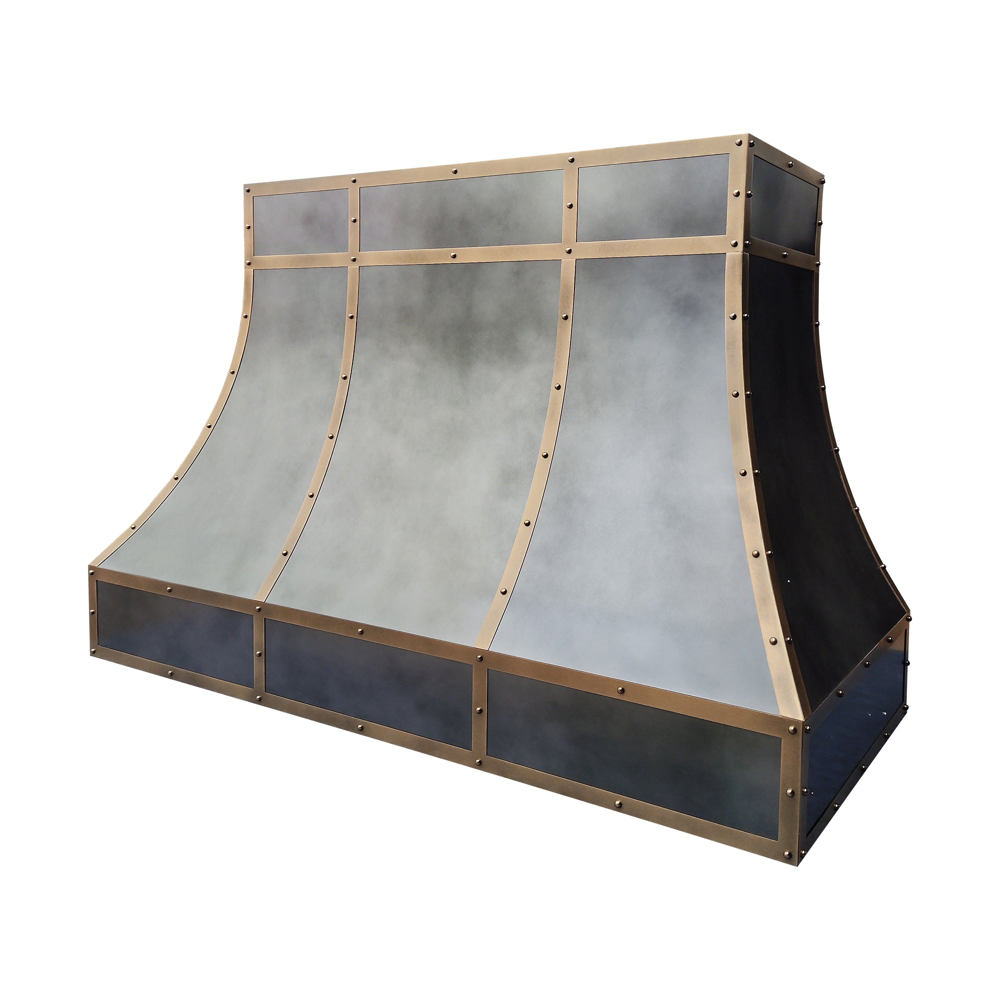 curved antique zinc custom range hood with antique brass grid trim and decorative rivets right side view
