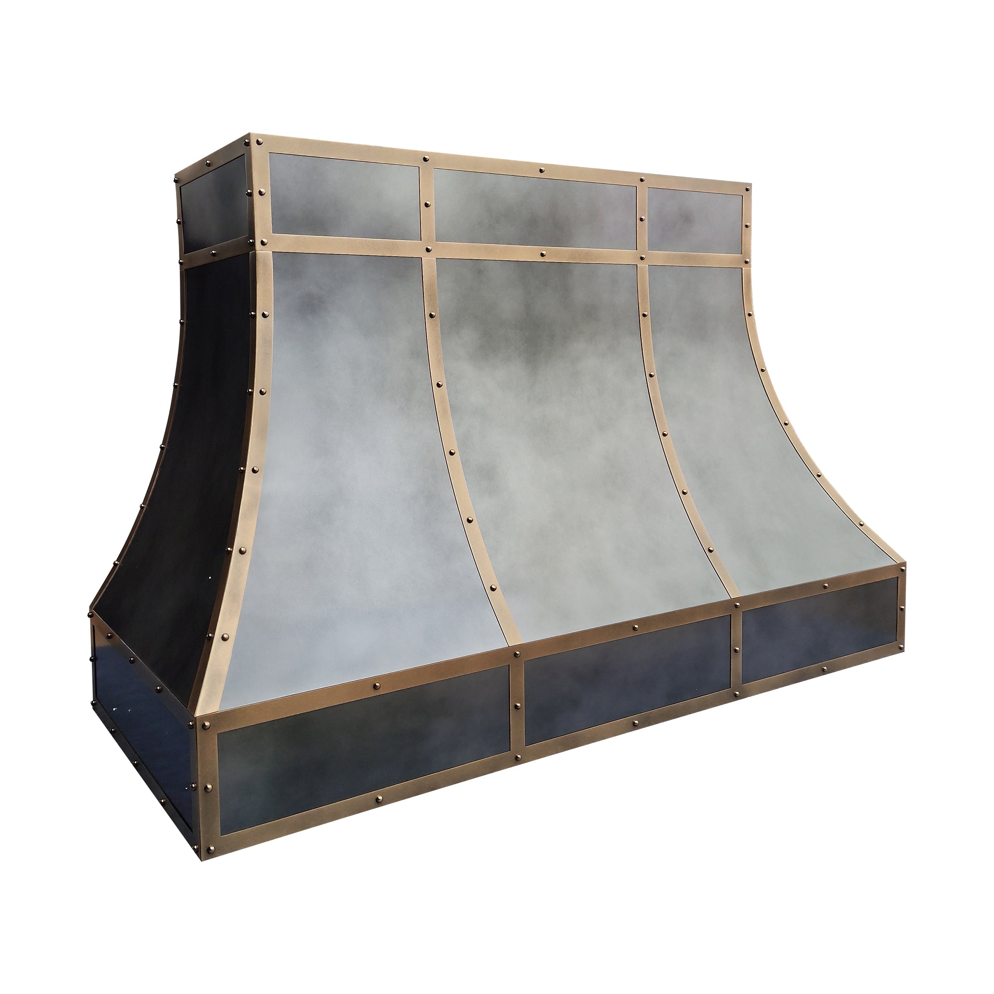 curved antique zinc custom range hood with antique brass grid trim and decorative rivets left side view