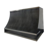 Modern custom zinc range hood featuring a geometric design and handcrafted metal construction slope view