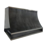 Modern custom zinc range hood featuring a geometric design and handcrafted metal construction slope view