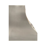 geometric designed structured stainless steel stove hood with brass accents for farmhouse kitchen design side view