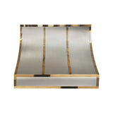 geometric designed structured stainless steel stove hood with brass accents for farmhouse kitchen design front view