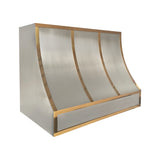 geometric designed structured stainless steel stove hood with brass accents for farmhouse kitchen design slope view