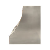 geometric designed structured stainless steel stove hood with brass accents for farmhouse kitchen design side view
