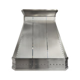 brushed stainless steel range hood with decorative molding and polished rivets front view