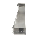 brushed stainless steel range hood with decorative molding and polished rivets side view
