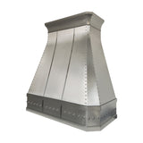 brushed stainless steel range hood with decorative molding and polished rivets slope view