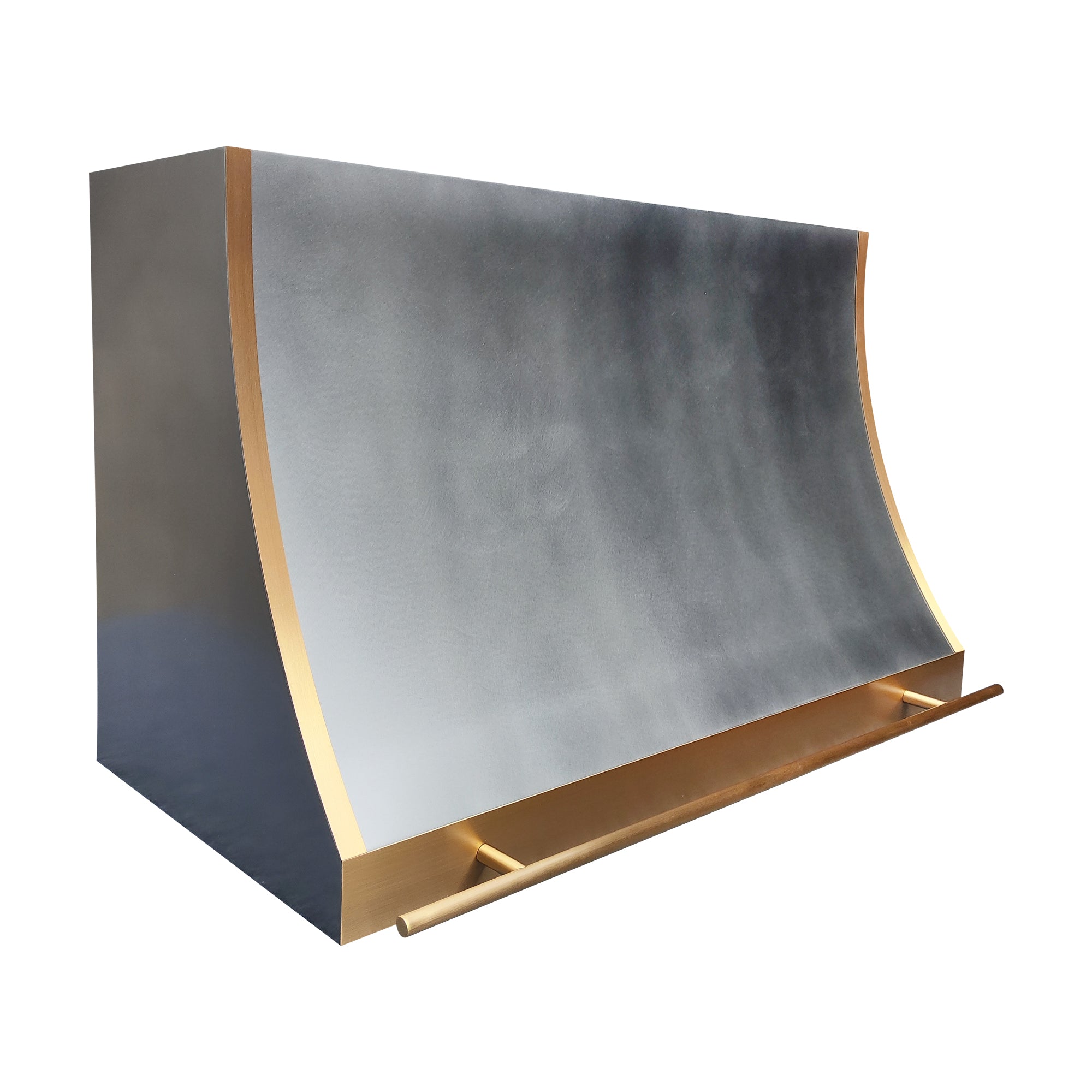 sleek slope shaped zinc wall chimney range hood with brass side and bottom trim plus front hanging rail for modern kitchen design 