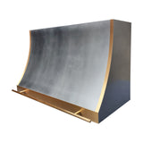 sleek slope shaped zinc wall chimney kitchen hood with brass side and bottom trim plus front hanging rail for modern kitchen design 