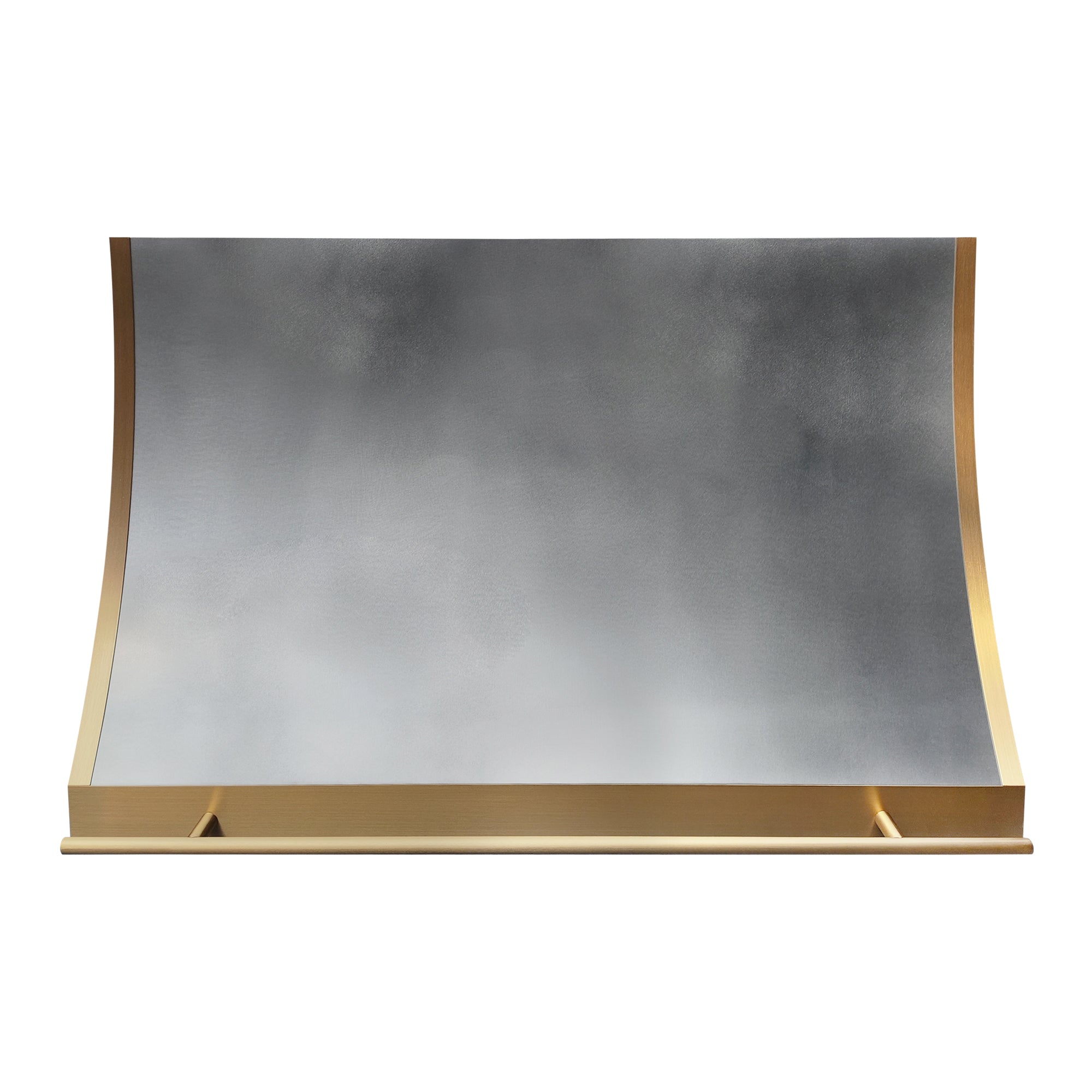 sleek slope shaped zinc wall chimney range hood with brass side and bottom trim plus front hanging rail for modern kitchen design front view