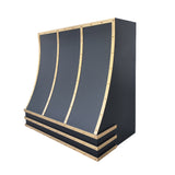 stainless steel vent hood with brass straps and rivets side view