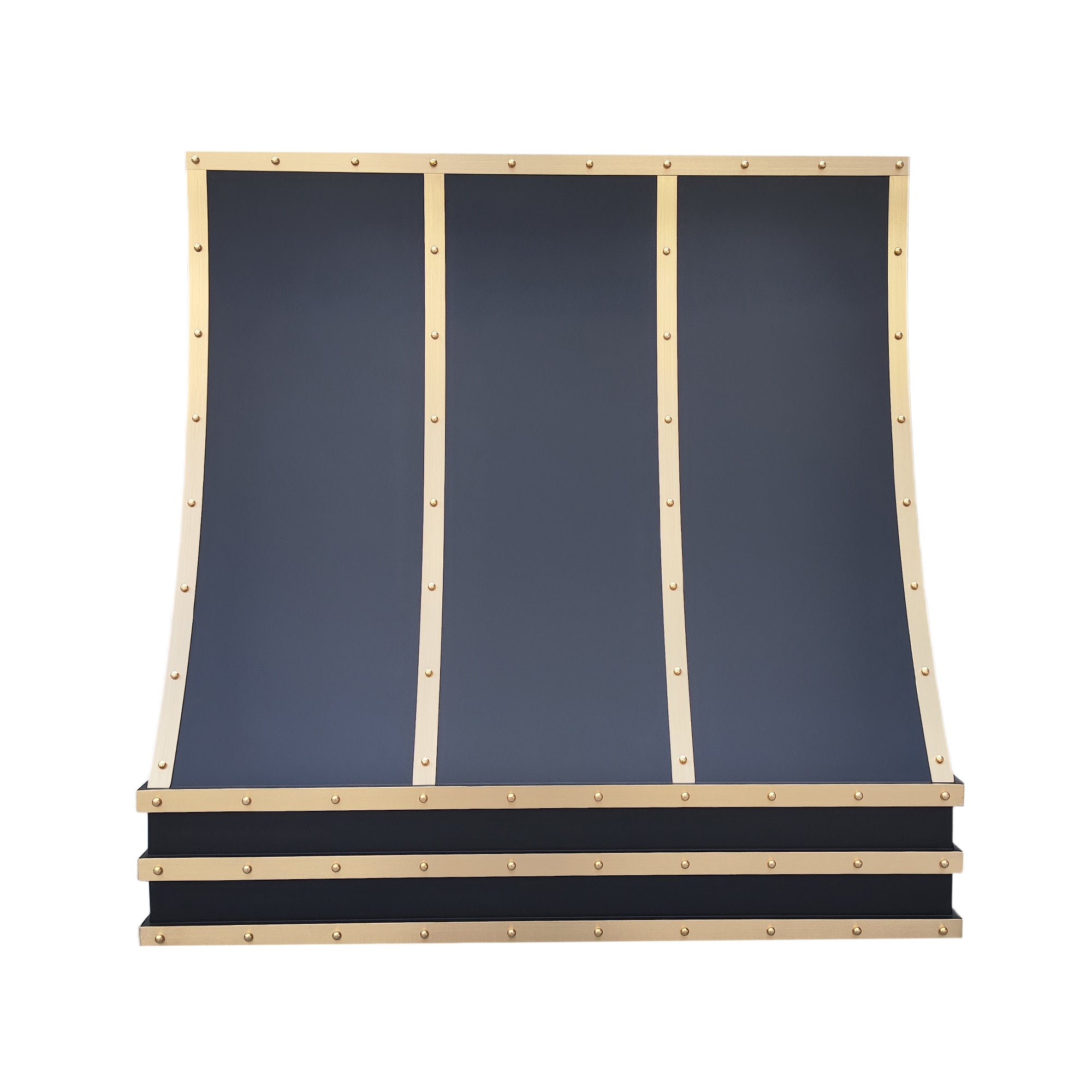 stainless steel vent hood with brass straps and rivets