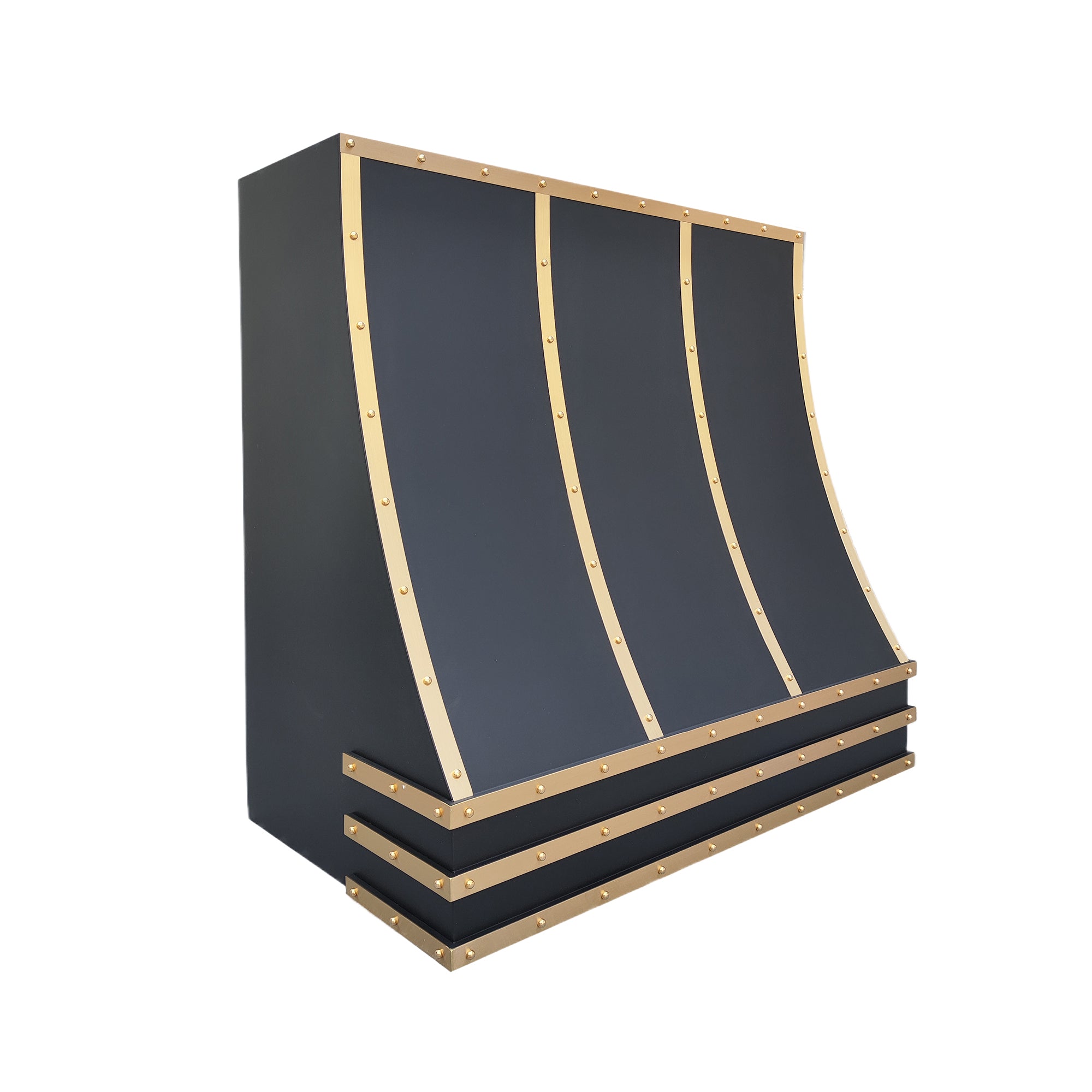stainless steel vent hood with brass straps and rivets side view