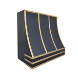 stainless steel vent hood with brass straps and rivets side view