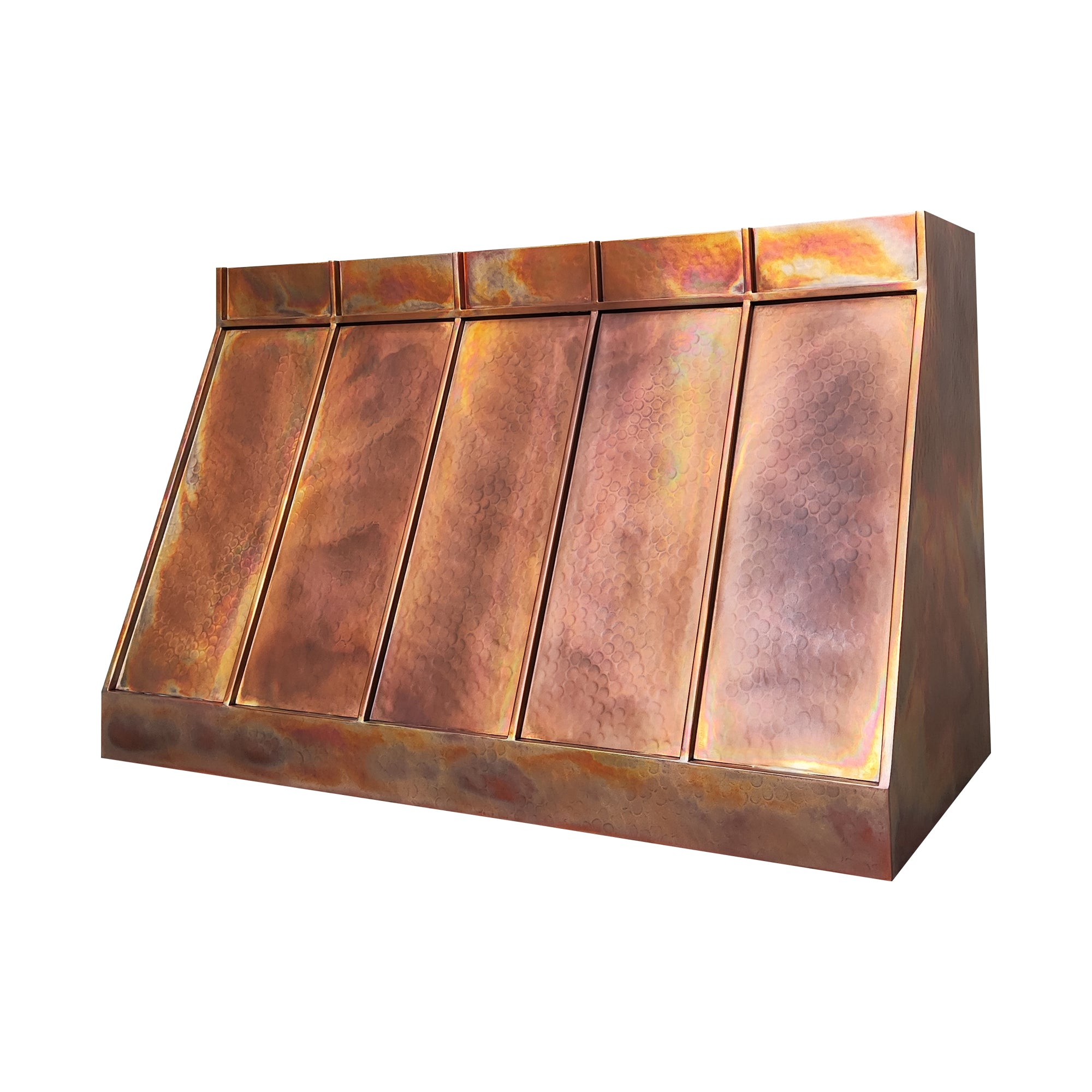 prime geometric copper kitchen hood with fire-patina