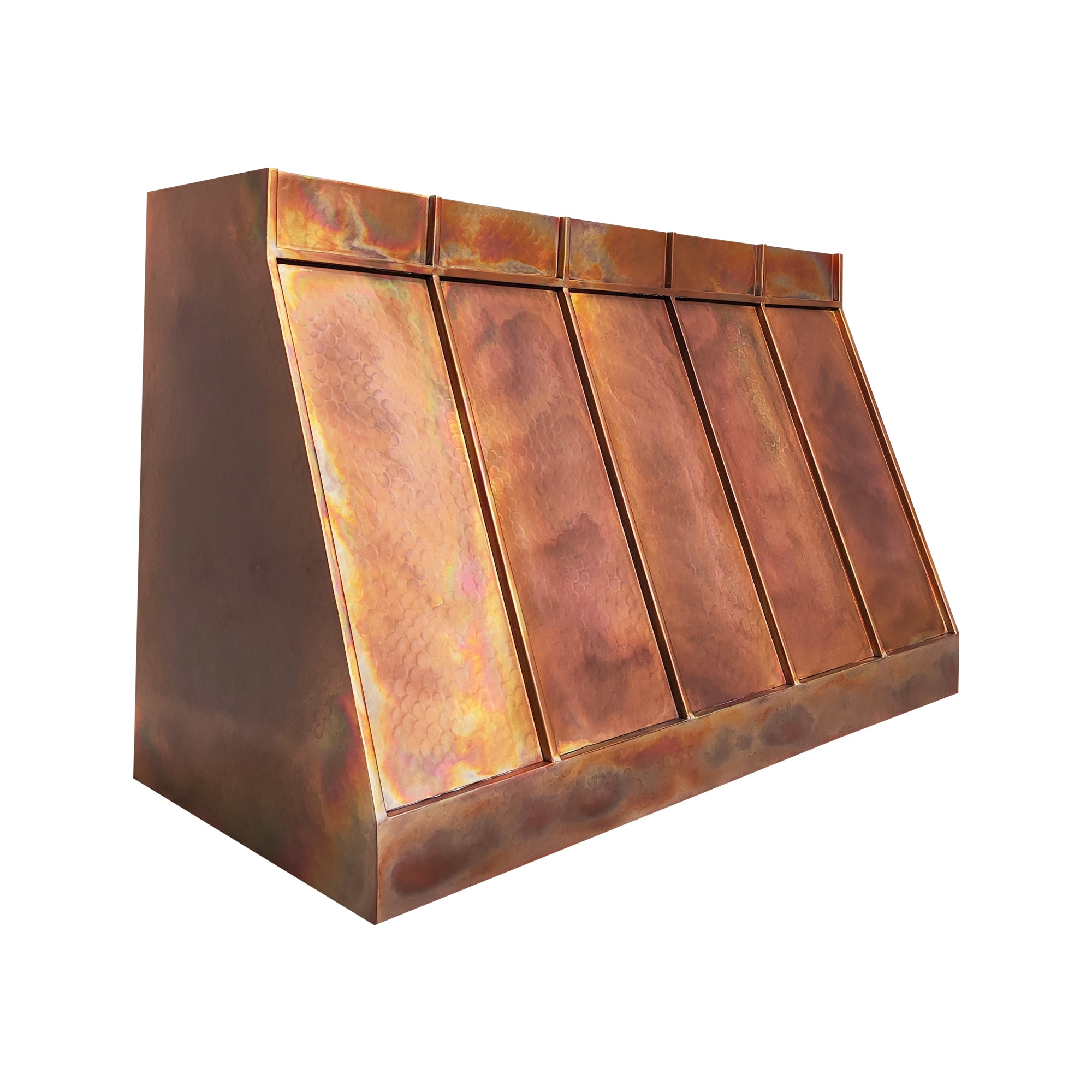 geometric copper kitchen hood with hand hammered texture