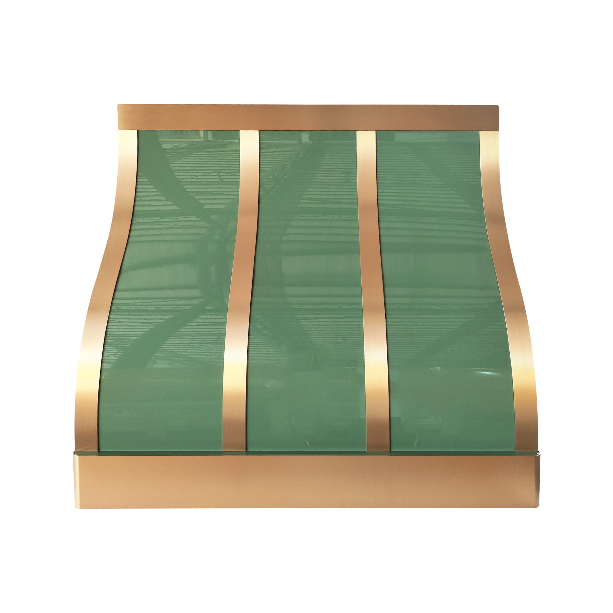 custom curved range hood with polished brass trim and vertical straps, front view