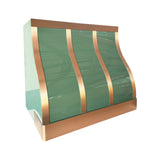custom curved range hood with polished brass trim and vertical straps, side view