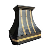 Prime custom hammered dark copper range hood with brass accents in luxury kitchen designs