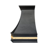 Prime custom hammered dark copper range hood with brass accents side view