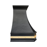Prime custom hammered dark copper range hood with brass accents side view