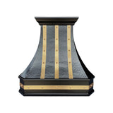 Prime custom hammered dark copper range hood with brass accents for farmhouse kitchens