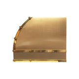 barrel shaped brass stove range hood with brass straps and rivets for luxury kitchen  side view