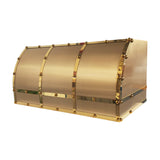 barrel shaped brass range hood with brass straps and rivets for luxury kitchen 