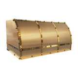 barrel shaped brass vent range hood with brass straps and rivets for luxury kitchen 