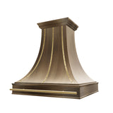 antique brushed brass range hood with multi-tiers crown and three polished brass straps and pot rail