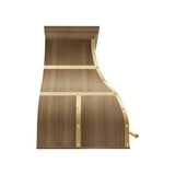prime custom antique brass kitchen range hood with polished brass straps and rivets side view