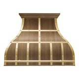 prime custom antique brass kitchen range hood with polished brass straps and rivets